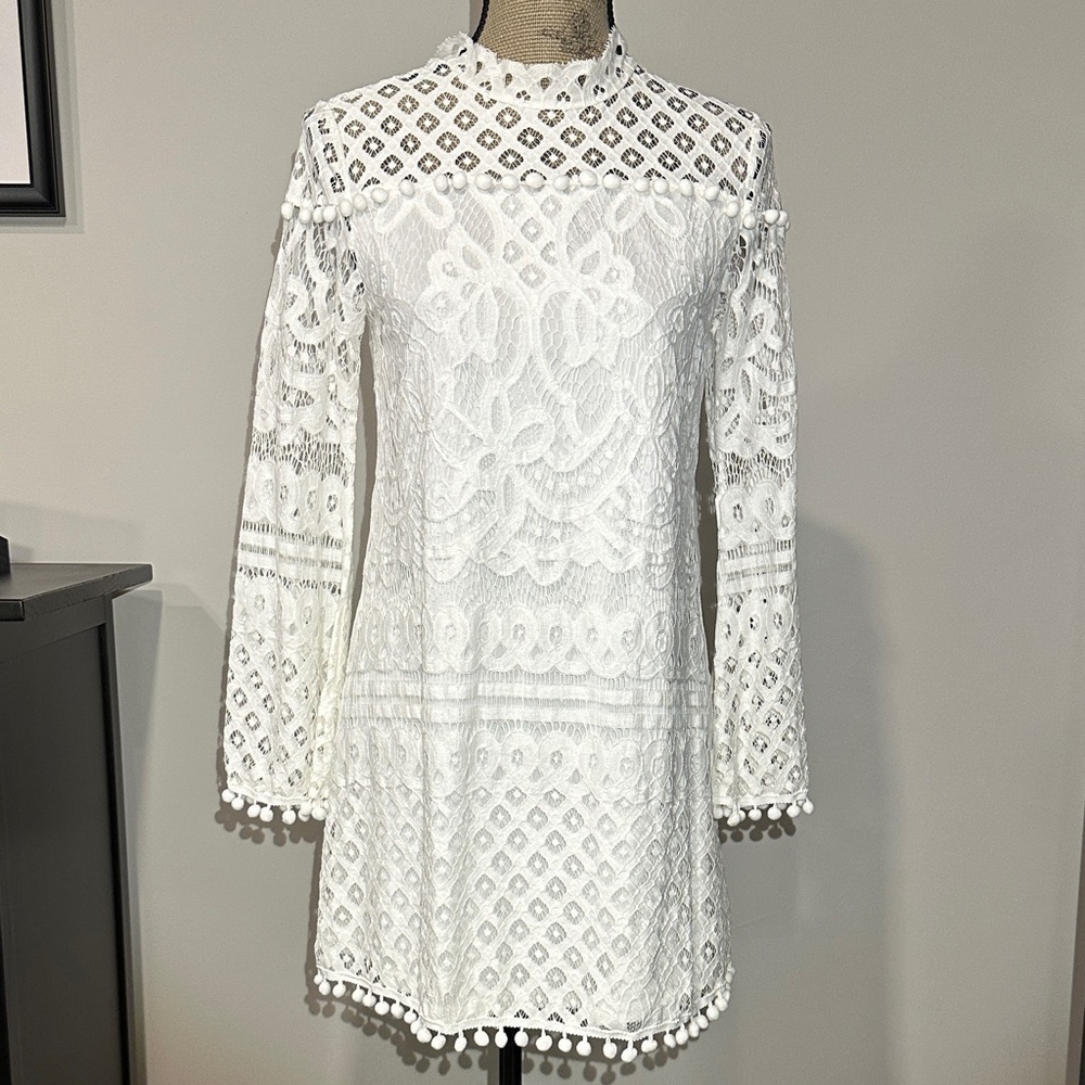 White Lace shift mini Dress with pompom ricrac details size small - Picture 4 of 13